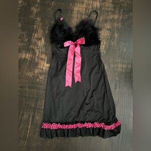 Women’s Coquette Black & Pink Fur Lace Bow Babydoll Lingerie Set Nightgown S/M